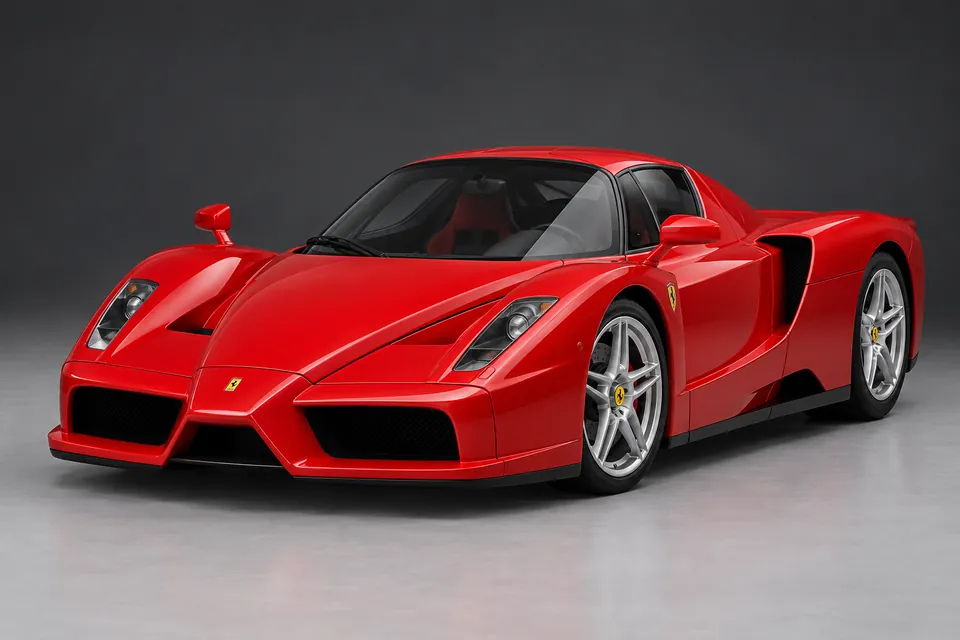 AI-generated illustration of Enzo Ferrari closed-roof road car viewed from the front three-quarter angle.