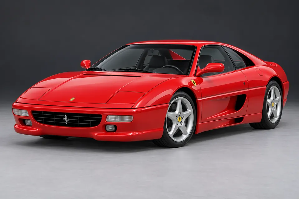 AI-generated illustration of Ferrari F355 Berlinetta fixed-roof coupé viewed from the front three-quarter angle.