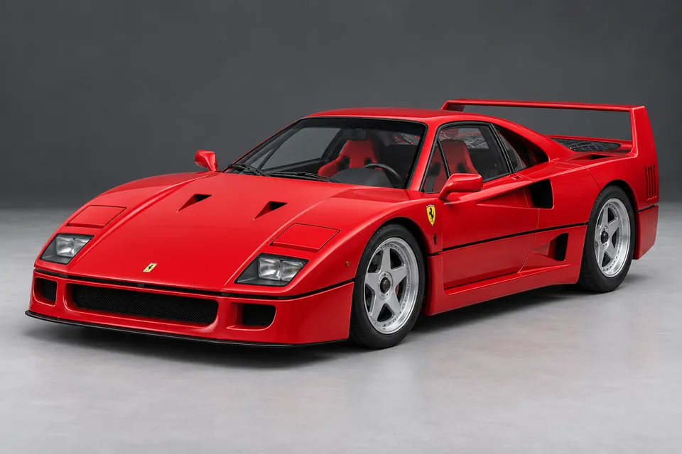AI-generated illustration of Ferrari F40 road-going coupé viewed from the front three-quarter angle.