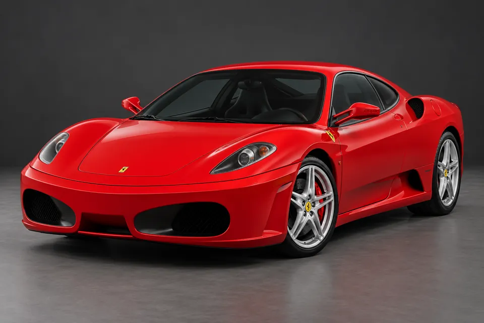 AI-generated illustration of Ferrari F430 closed-roof coupé viewed from the front three-quarter angle.