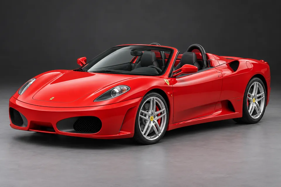AI-generated illustration of Ferrari F430 Spider with its fabric roof lowered viewed from the front three-quarter angle.