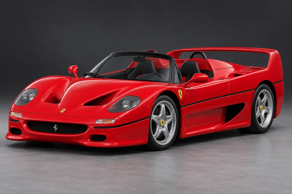 AI-generated illustration of Ferrari F50 with its removable roof panel off viewed from the front three-quarter angle.