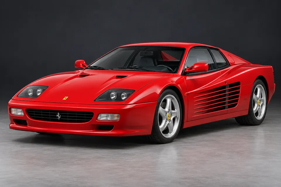 AI-generated illustration of Ferrari F512 M coupé viewed from the front three-quarter angle.