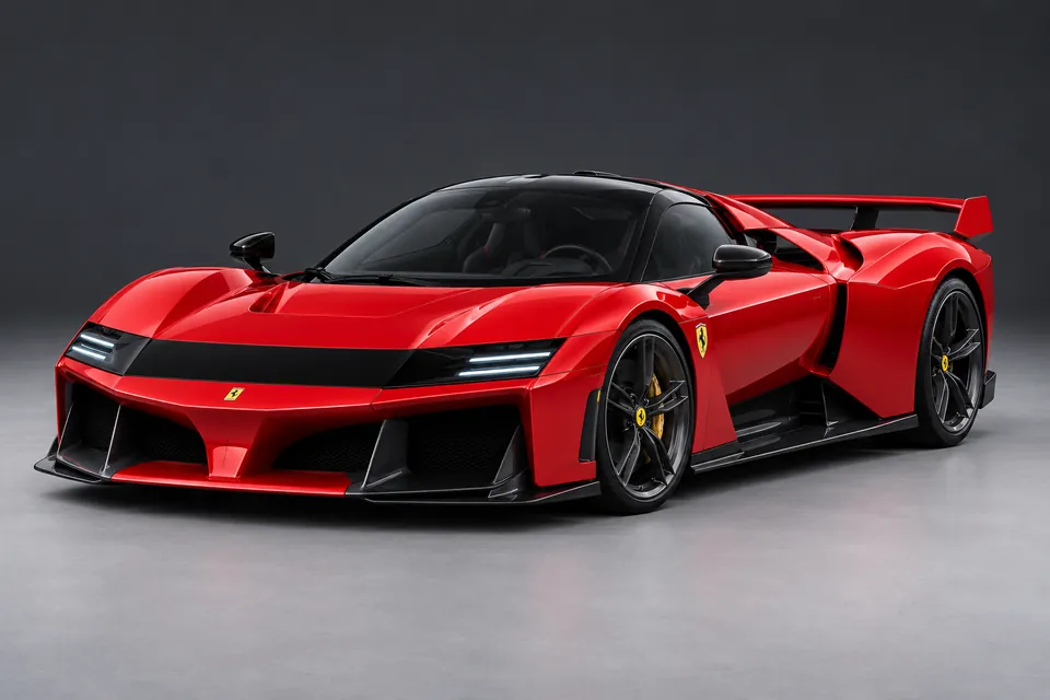 AI-generated illustration of Ferrari F80 hybrid road car viewed from the front three-quarter angle.