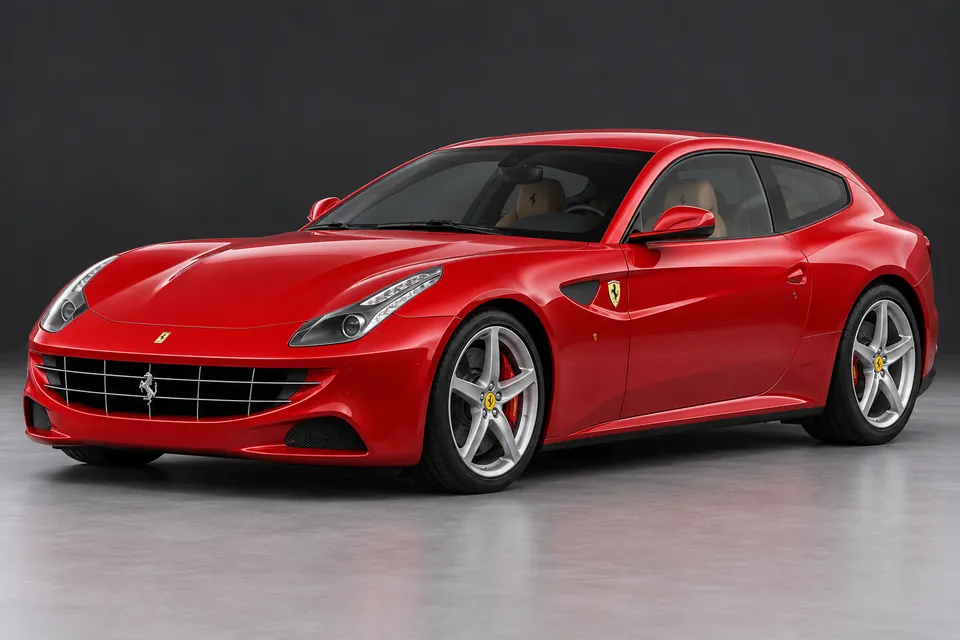 AI-generated illustration of Ferrari FF enclosed-roof shooting brake viewed from the front three-quarter angle.