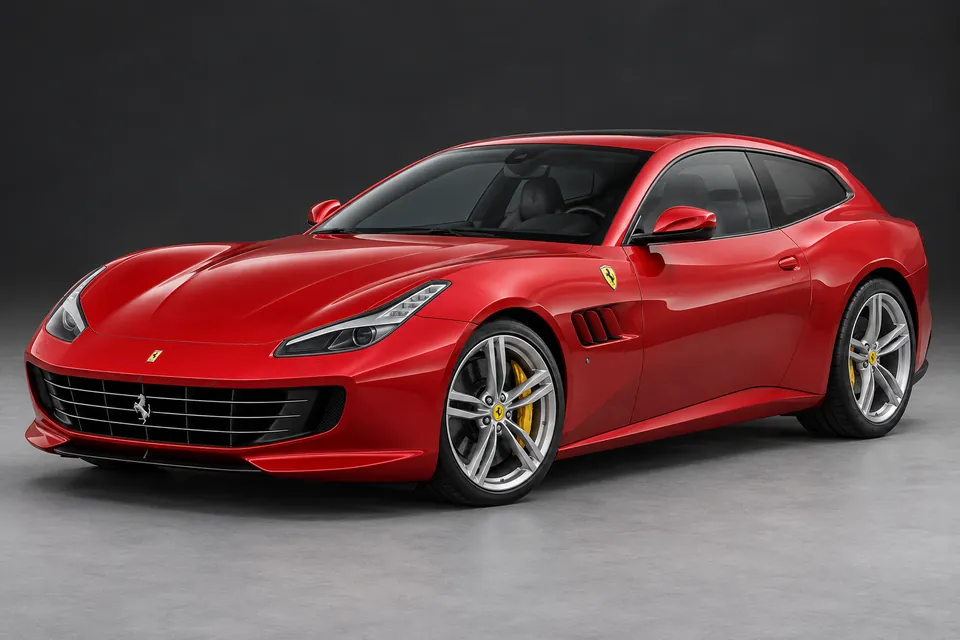 AI-generated illustration of Ferrari GTC4Lusso V12 shooting brake viewed from the front three-quarter angle.