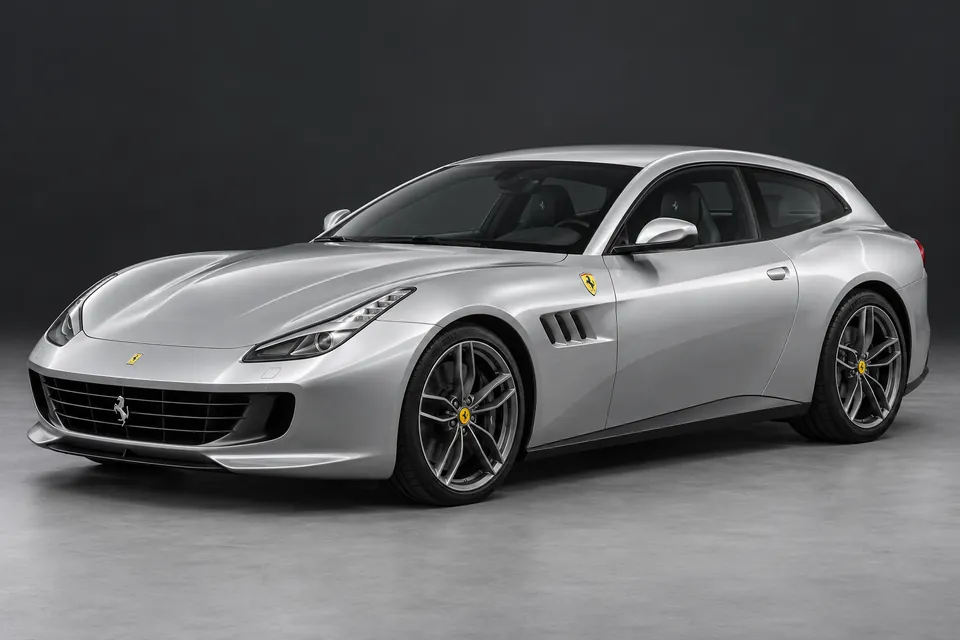 AI-generated illustration of Ferrari GTC4Lusso T shooting brake in silver viewed from the front three-quarter angle.