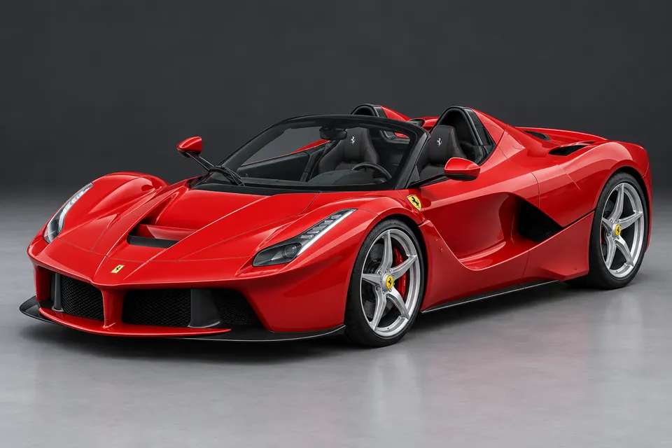 AI-generated illustration of LaFerrari Aperta with its roof panel removed viewed from the front three-quarter angle.