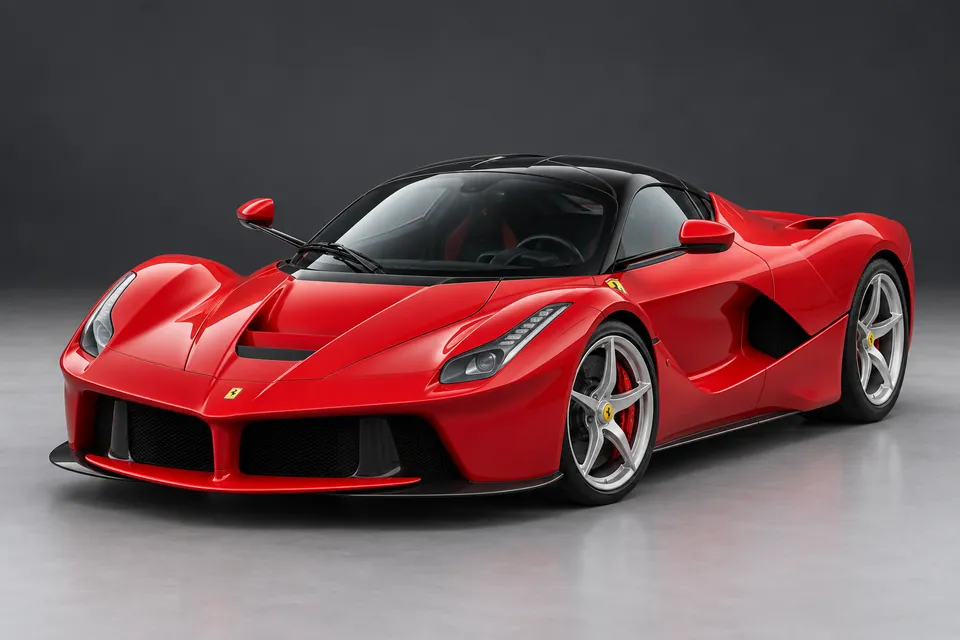 AI-generated illustration of LaFerrari coupé with black fixed roof viewed from the front three-quarter angle.
