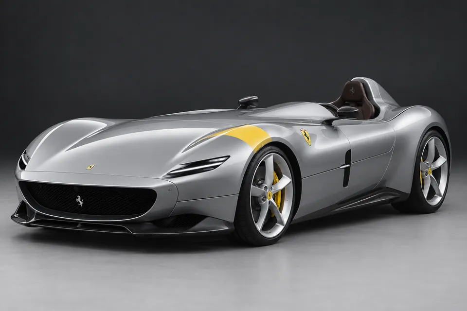 AI-generated illustration of Ferrari Monza SP1 single-seat barchetta in silver viewed from the front three-quarter angle.