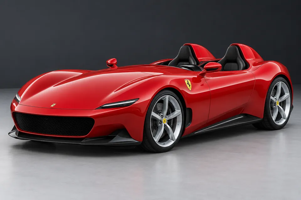 AI-generated illustration of Ferrari Monza SP2 two-seat barchetta viewed from the front three-quarter angle.