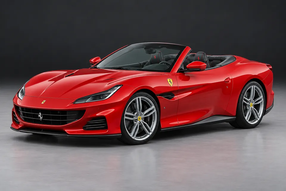 AI-generated illustration of Ferrari Portofino M with its retractable hardtop lowered viewed from the front three-quarter angle.