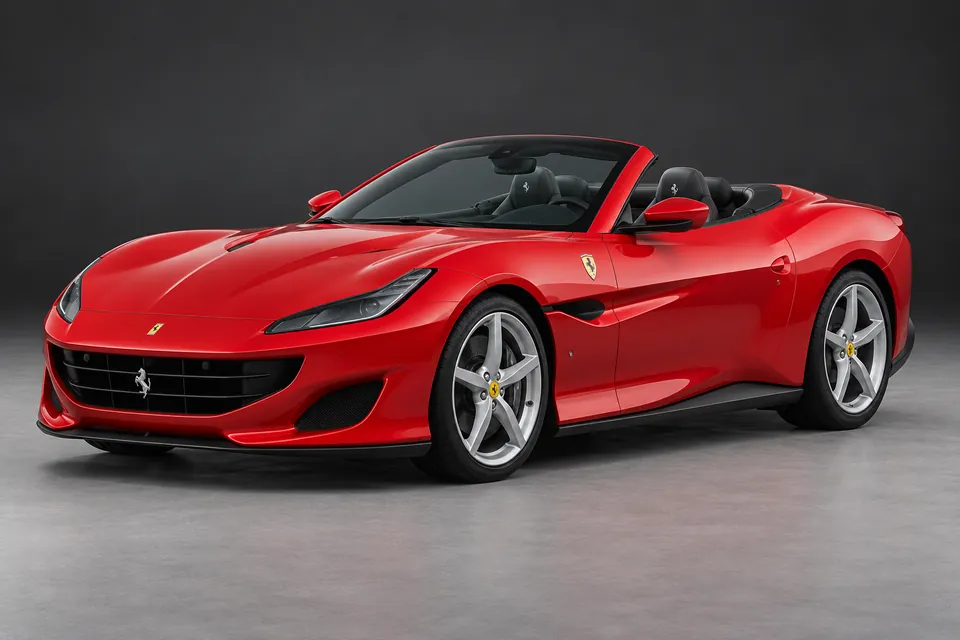 AI-generated illustration of original Ferrari Portofino with its retractable hardtop lowered viewed from the front three-quarter angle.