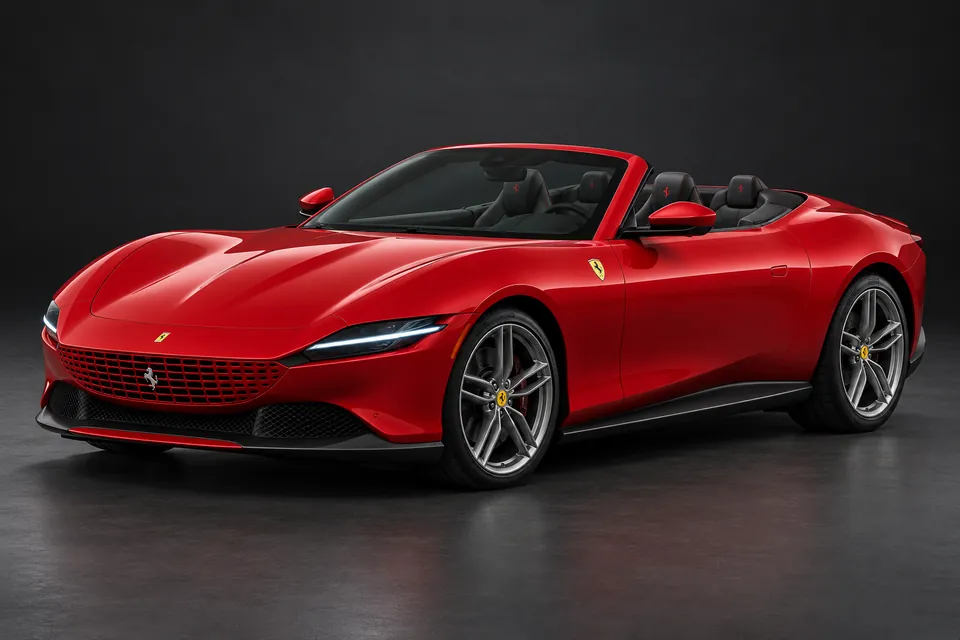 AI-generated front three-quarter illustration of Ferrari roma spider.