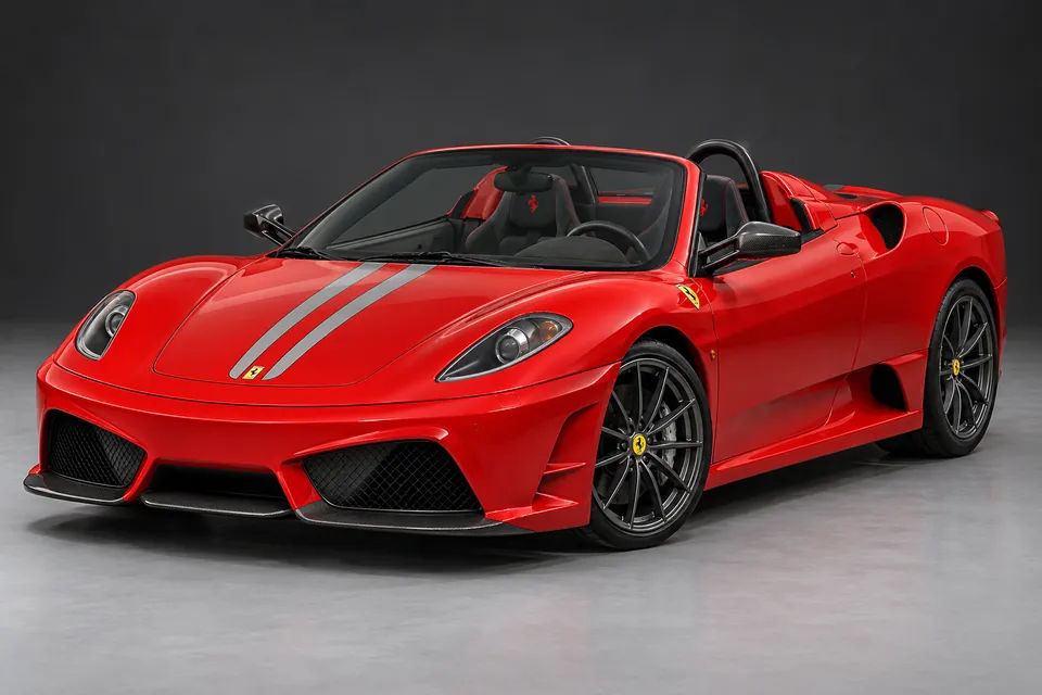 AI-generated illustration of Ferrari Scuderia Spider 16M with its roof lowered viewed from the front three-quarter angle.