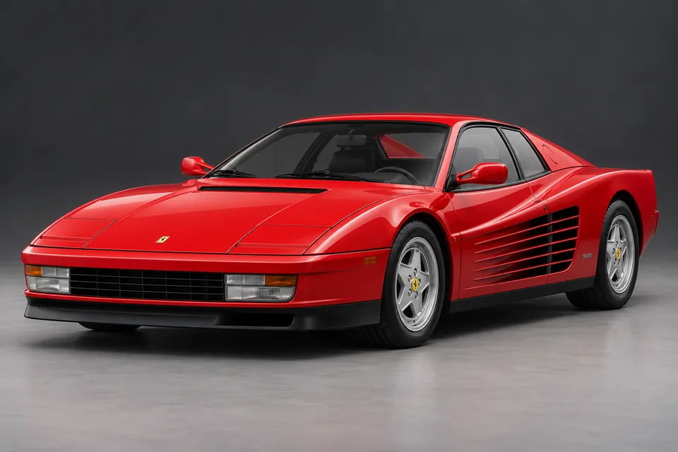 AI-generated illustration of late-1980s Ferrari Testarossa coupé viewed from the front three-quarter angle.