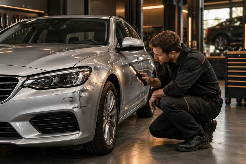 AI illustration of a technician assessing a dented fender and scuffed bumper.