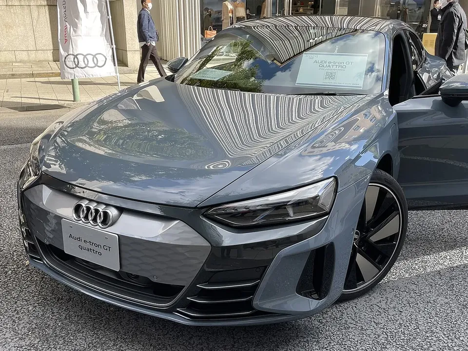 Audi e-tron GT quattro electric grand tourer viewed from the front and side