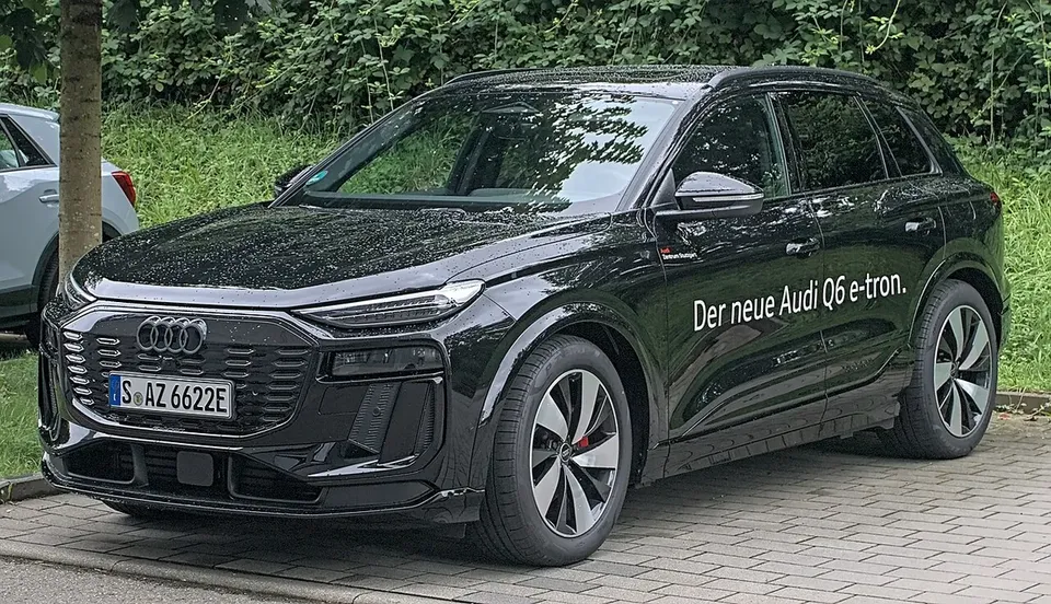 Audi Q6 e-tron electric SUV viewed from the front and side
