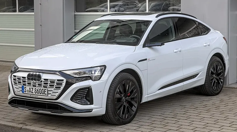 Audi Q8 Sportback e-tron electric SUV viewed from the front and side