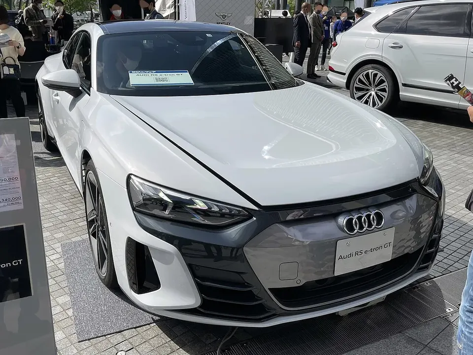 Audi RS e-tron GT electric grand tourer viewed from the front and side