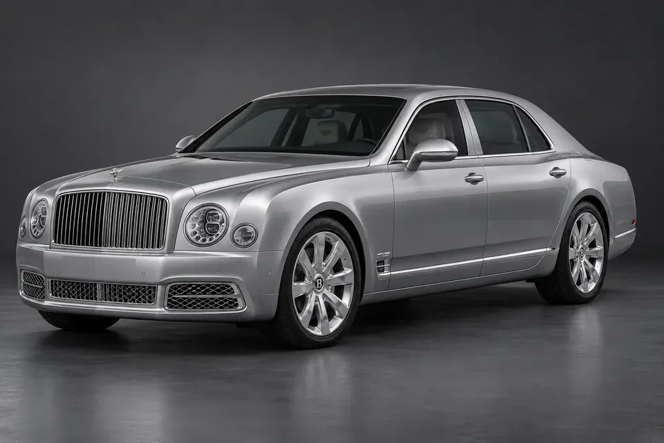 AI-generated studio illustration of a 2017 Bentley Mulsanne modern generation, front-left three-quarter view.