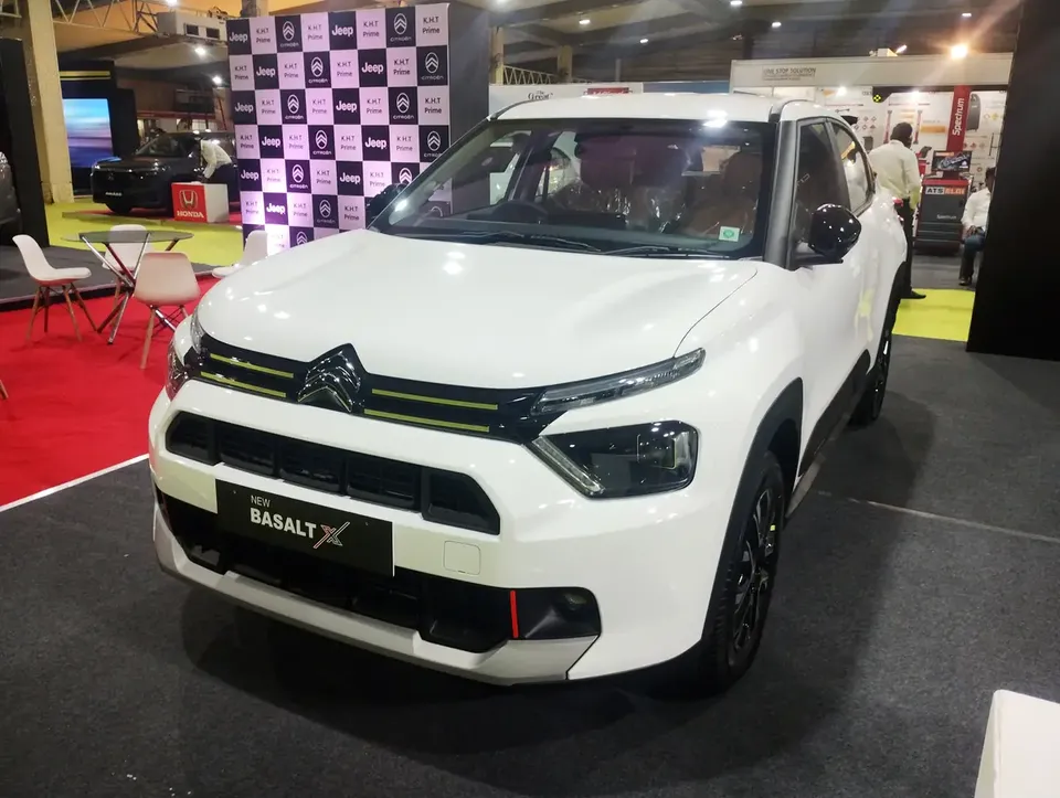 White Citroën BasaltX SUV-coupé displayed at the Bangalore International Auto Show