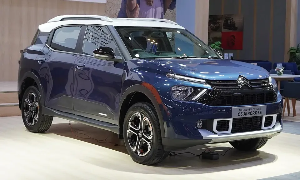 Blue earlier Citroën C3 Aircross CC24 displayed in Indonesia, viewed from the front and side