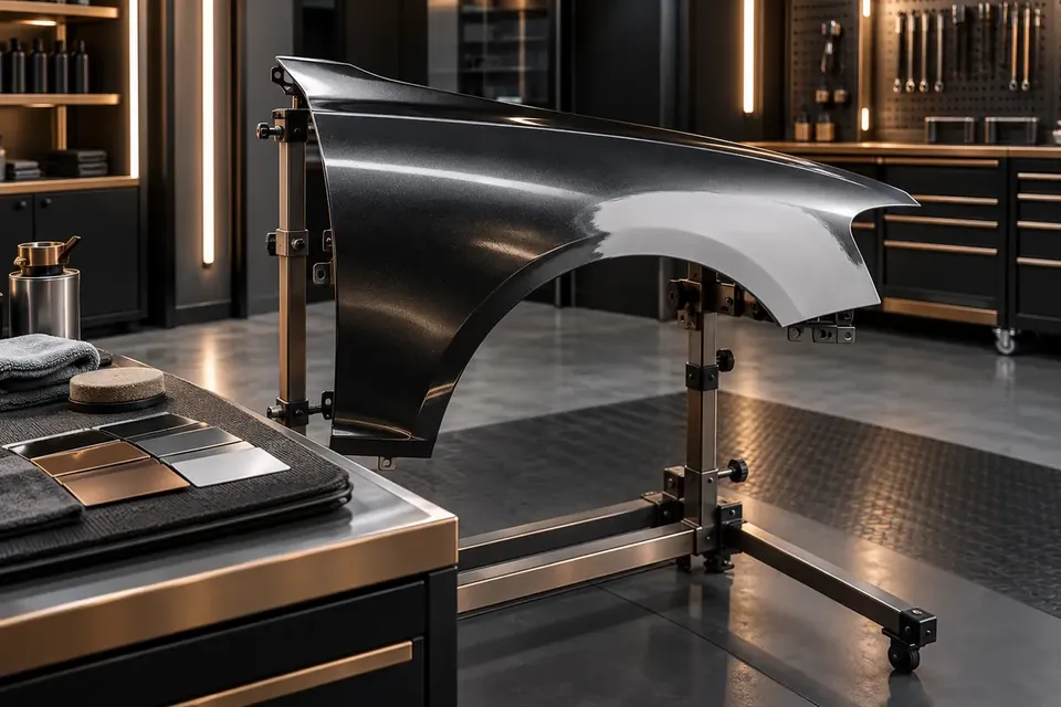 AI illustration of a primed car fender secured on a panel stand.