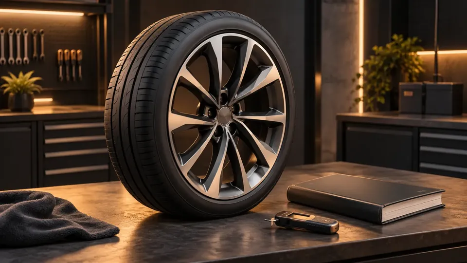 AI illustration of a tyre and alloy wheel beside a closed handbook and inspection tool.