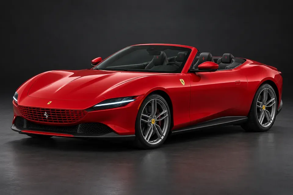 AI-generated front three-quarter illustration of Ferrari roma spider.