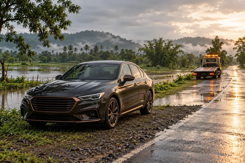 AI illustration of a parked car on dry ground beside a rain-soaked roadside.