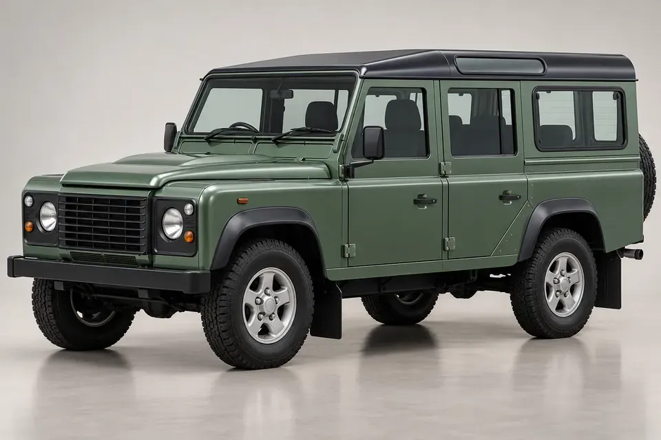AI-generated front-left view of classic Land Rover Defender 110 five-door utility wagon.