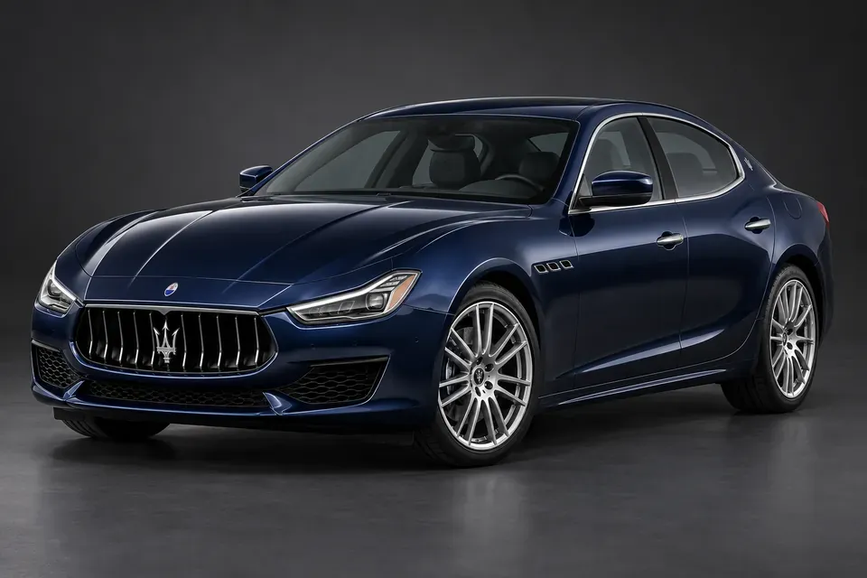 AI-generated illustration of a 2018 Maserati Ghibli V6 sedan in front-left three-quarter view.
