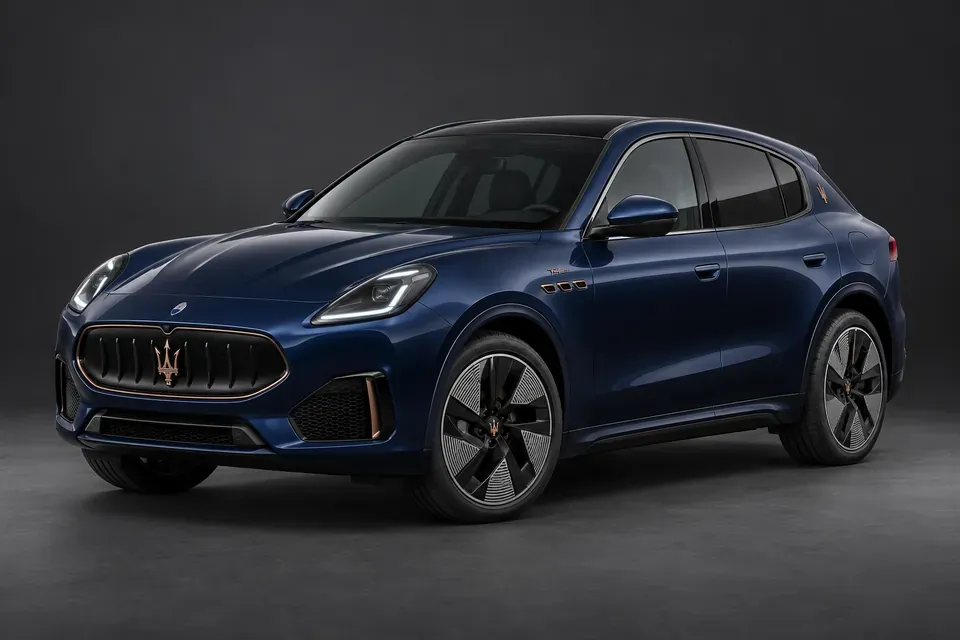 AI-generated illustration of a 2024 Maserati Grecale Folgore electric SUV in front-left three-quarter view.