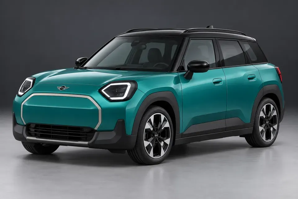 AI-generated front-three-quarter view of MINI Aceman J05 battery-electric five-door crossover.