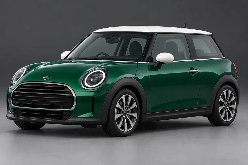 AI-generated front-three-quarter view of older MINI Cooper 3-Door F56 combustion-engine hatchback.