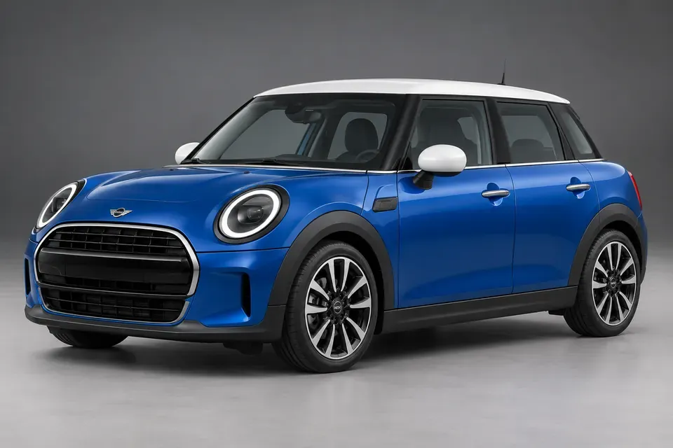 AI-generated front-three-quarter view of older MINI Cooper 5-Door F55 combustion-engine hatchback.