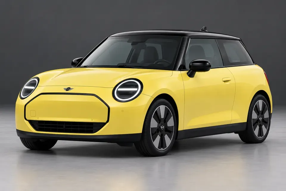 AI-generated front-three-quarter view of MINI Cooper Electric J01 three-door hatchback.