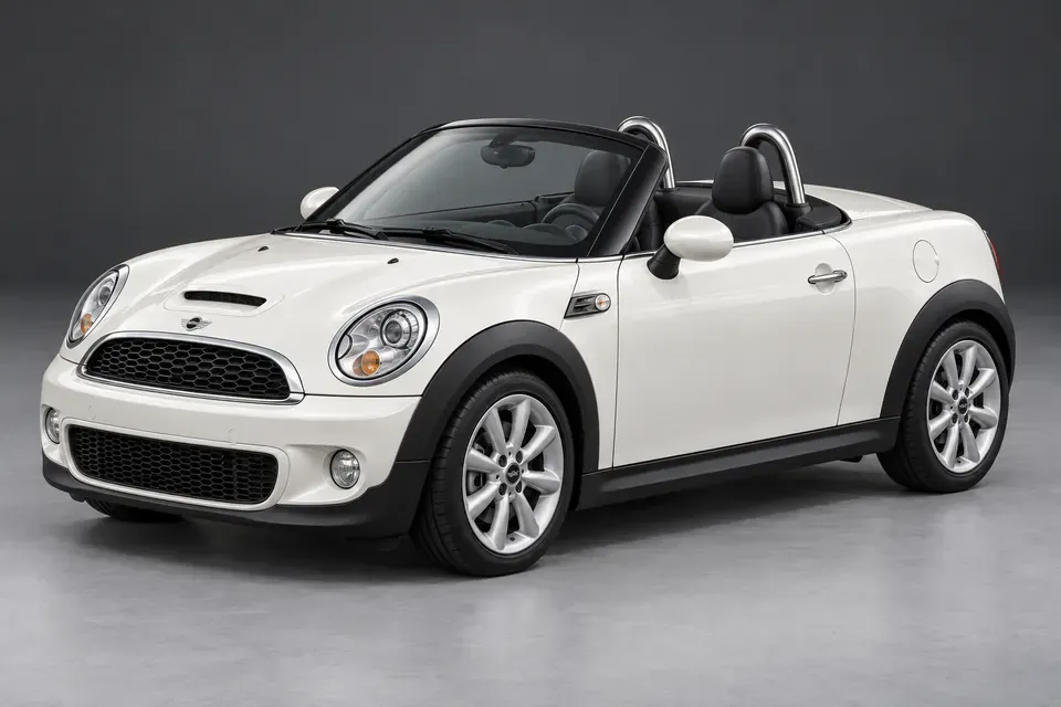 AI-generated front-three-quarter view of MINI Roadster R59 two-seat car with its fabric roof lowered.