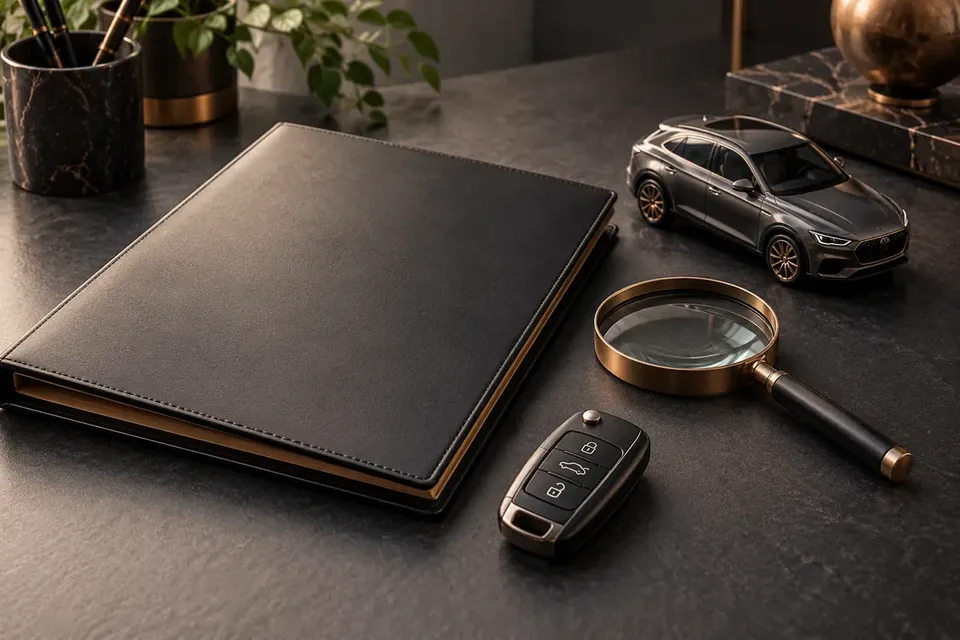 AI illustration of a policy folder, car key, magnifying glass and miniature car.