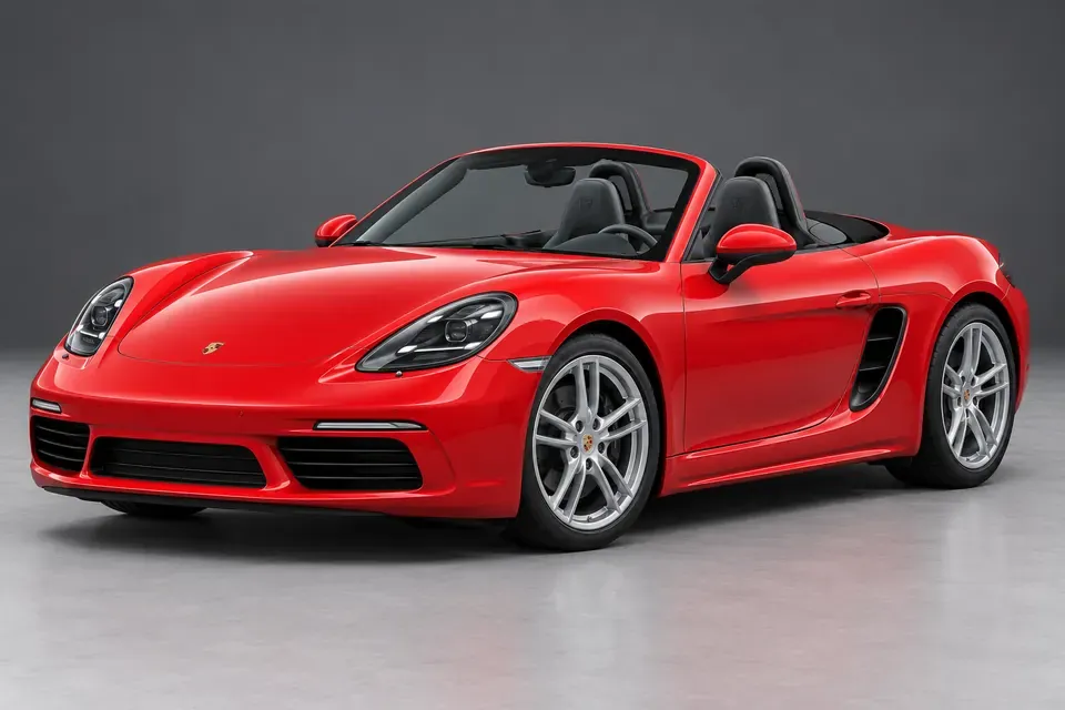 AI-generated front-three-quarter view of Porsche 718 Boxster 982 roadster with its roof lowered.