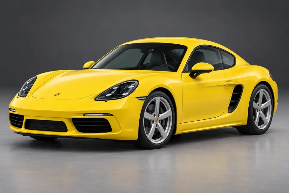 AI-generated front-three-quarter view of Porsche 718 Cayman 982 fixed-roof sports car.