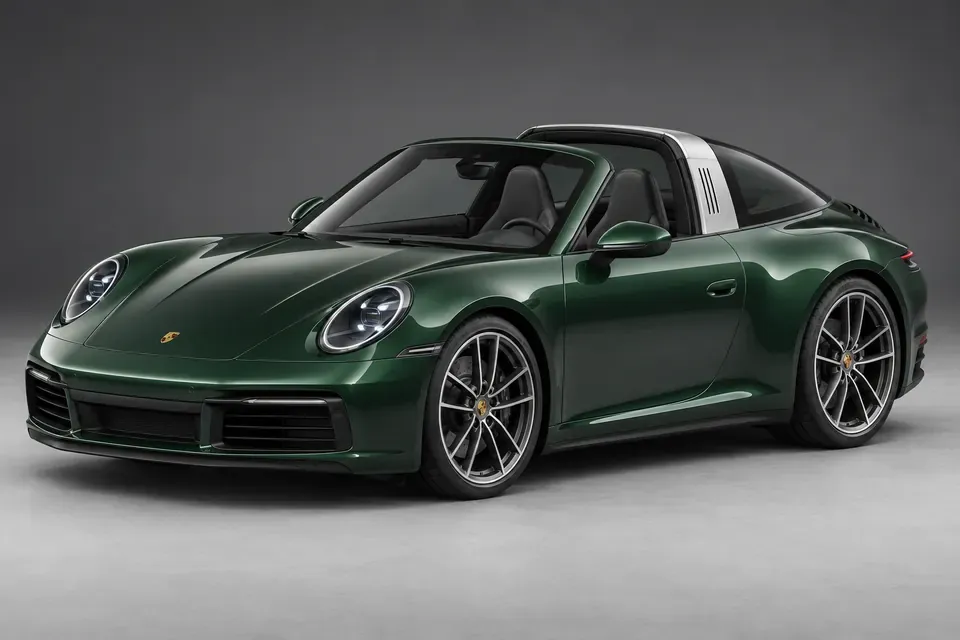 AI-generated front-three-quarter view of Porsche 911 992 Targa with its roof panel open.