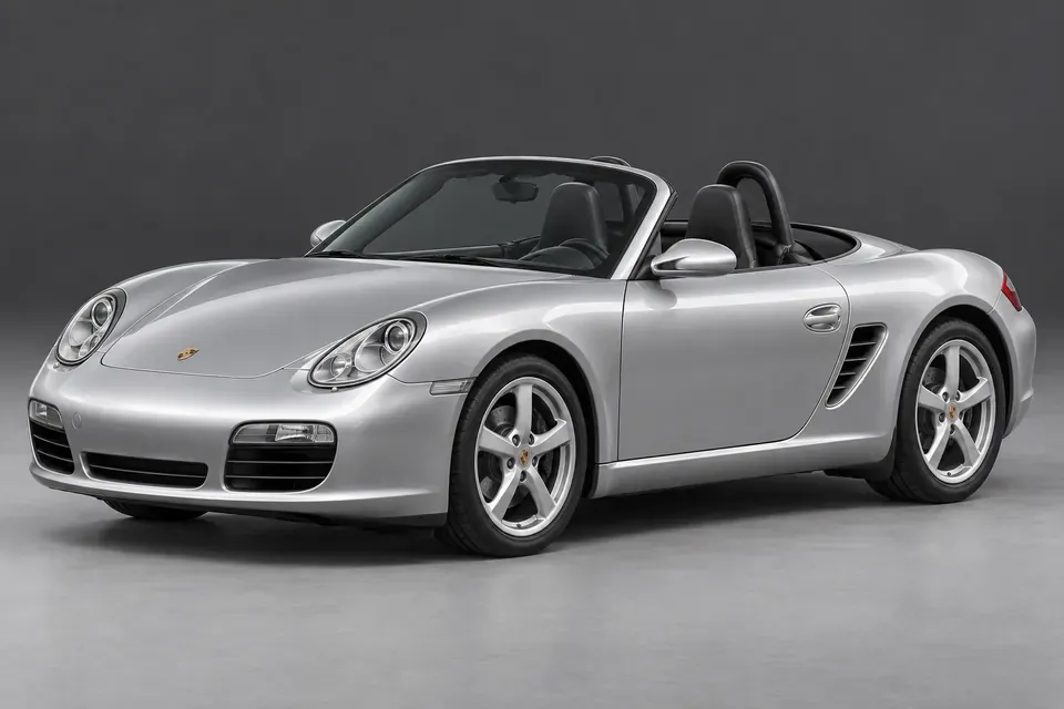 AI-generated front-three-quarter view of pre-718 Porsche Boxster 987 roadster with its roof lowered.