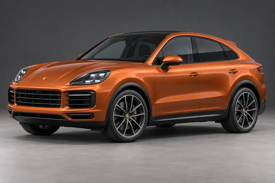 AI-generated front-three-quarter view of Porsche Cayenne Coupé 9Y0 combustion-engine SUV.