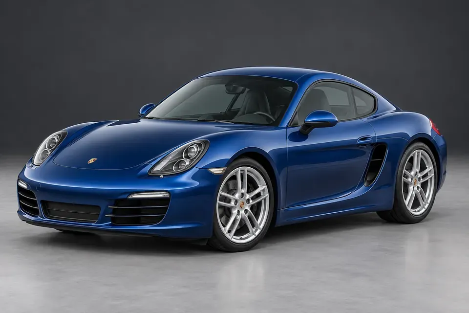 AI-generated front-three-quarter view of pre-718 Porsche Cayman 981 fixed-roof sports car.