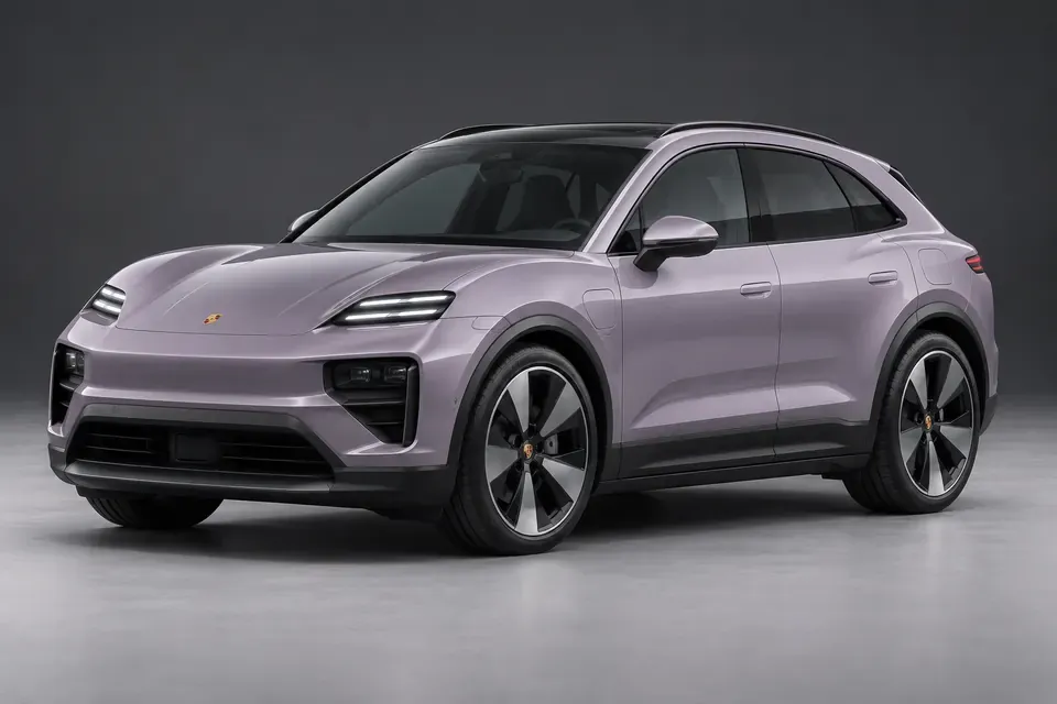 AI-generated front-three-quarter view of Porsche Macan Electric five-door battery-electric SUV.