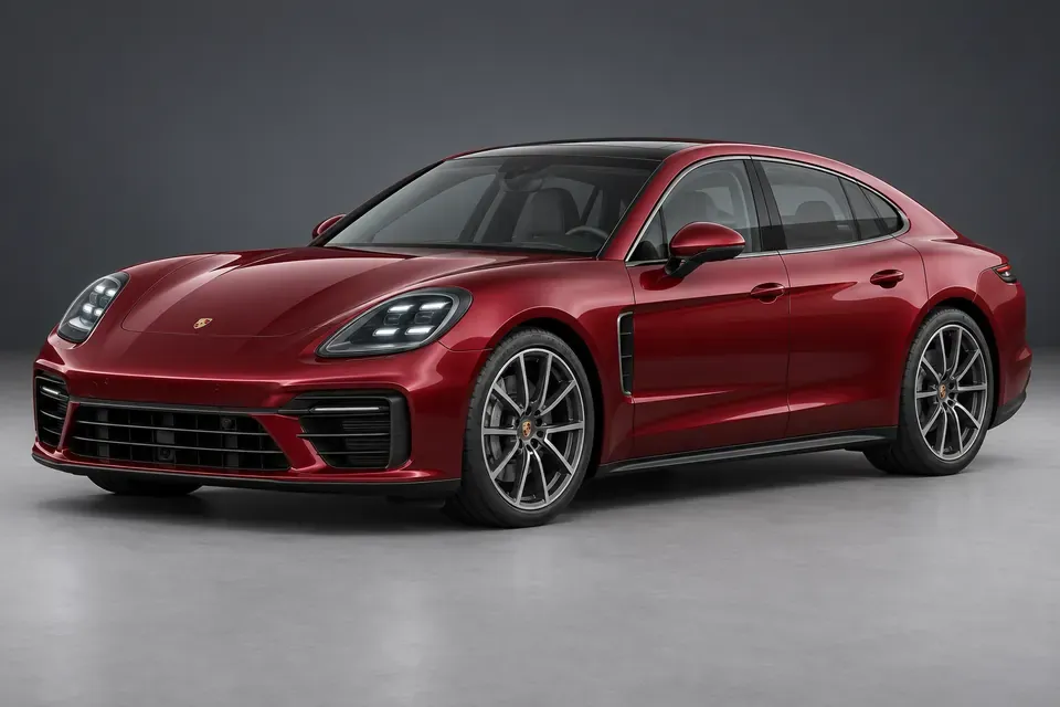 AI-generated front-three-quarter view of Porsche Panamera 976 five-door fastback saloon.