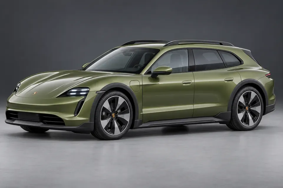 AI-generated front-three-quarter view of Porsche Taycan Cross Turismo J1 electric estate.